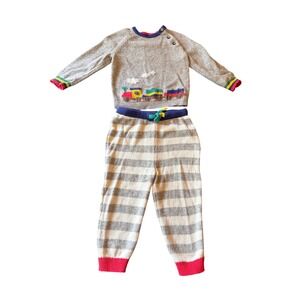 Baby Boden Knit Set Grey Train Intarsia Striped Sweater and Pants 12-18M 86cm